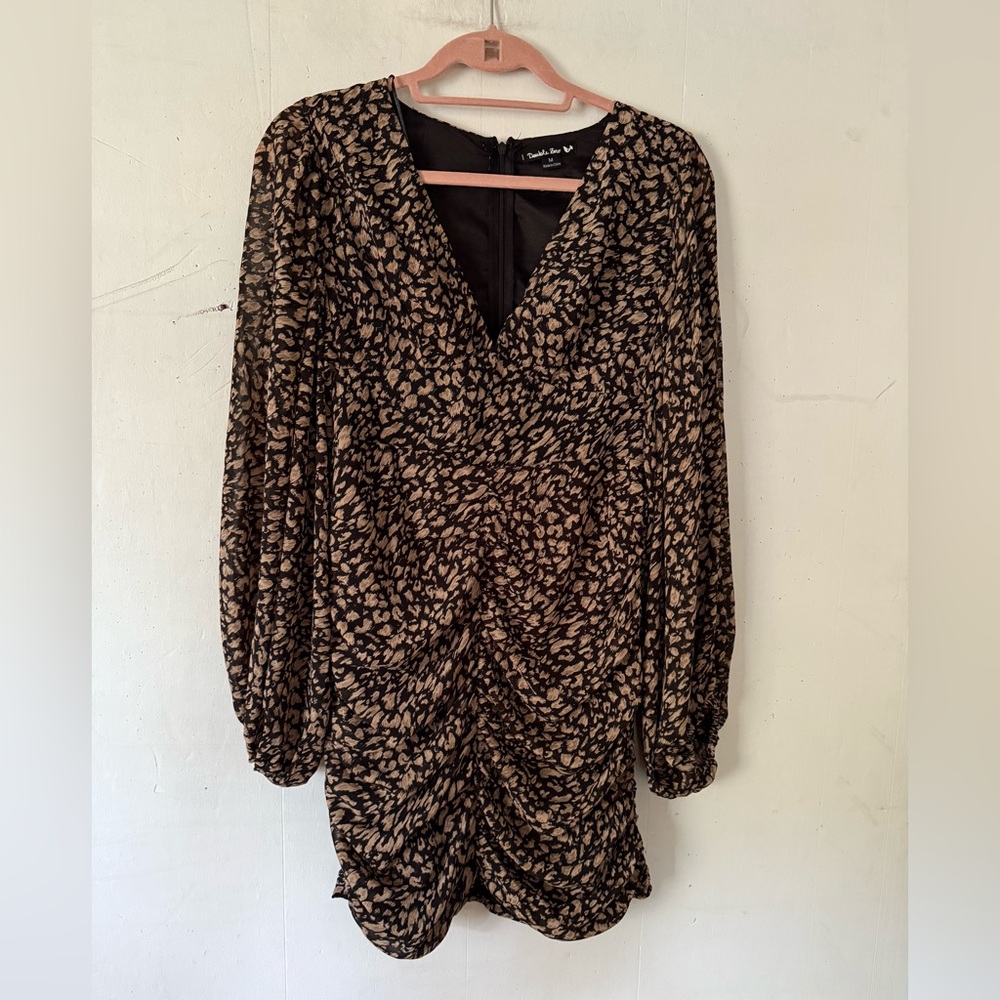 Double Zero Black & Tan Animal Print Puff Sleeve Ruched Mini Dress Size Medium
